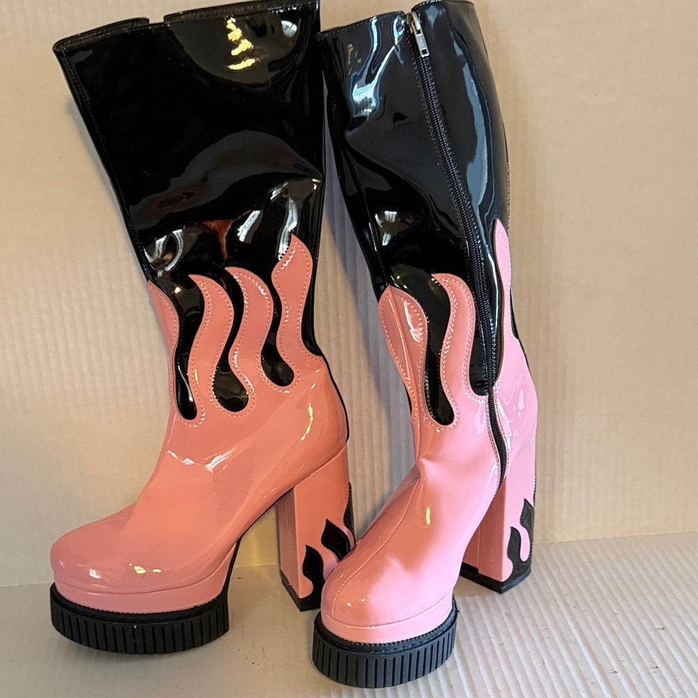 Dolls Kill Pink and Black Flame Heeled Boots